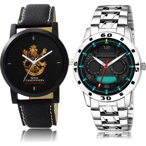 NIKOLA New Formal Royal Challengers Bangalore Squad (Rcb) Ipl And Silver Chain Black And Silver Colour Analog Genuine Leather And Stainless Steel Belt 2 Watch Combo For Boys And Men - IPL6-(58-S-19)