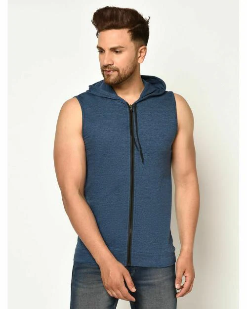 Glito Solid Dark Blue Sleeveless Hoodie Tshirts For Men's JioMart
