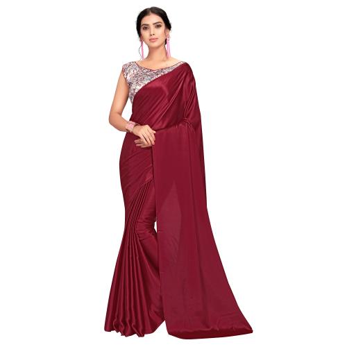FLUIT LESVETEMENTS Maroon Pure Satin Saree for Women with Unstitched Blouse Piece