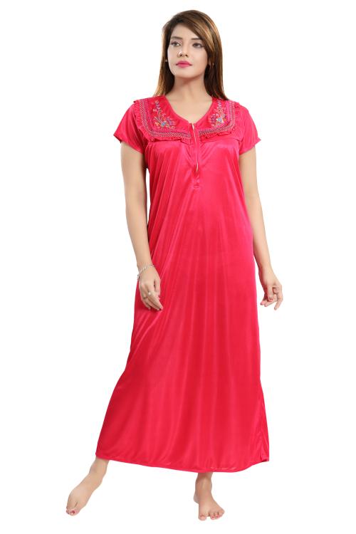 REPOSEY Women's Satin Embroidered Maxi Length Nightgown (SSN286A412_Pale Violet Red_Free Size)