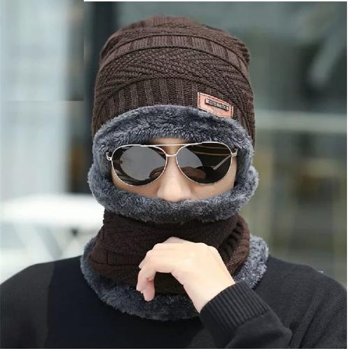 EMPOISON Men Faux Fur Inner Side Beanie Cap and Neck Warmer Combo Set (BROWN, Free Size)-Pack of 1