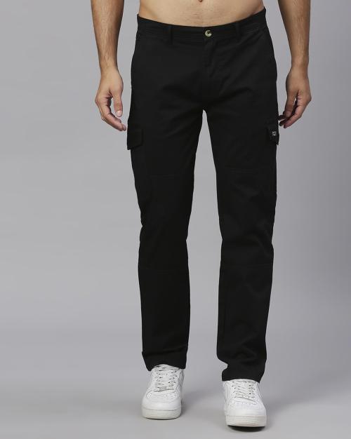 Thomas Scott Men Black Cotton, Lycra Slim Fit Cargo Trousers (34)