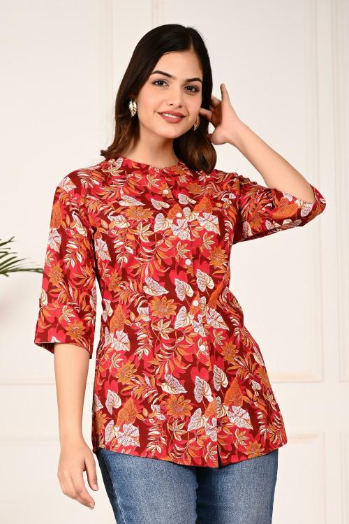 Febq Women Red Printed Viscose Rayon Hip Length Shirt Style Top