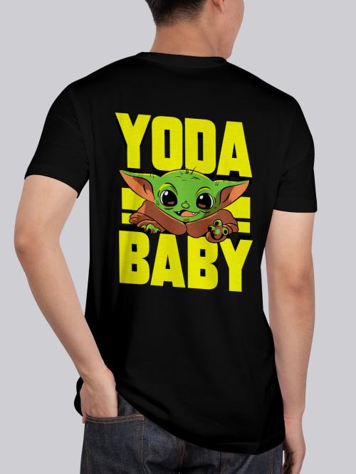 BLISSINK Baby YODA Star Wars Front And Back Printed Black Cotton Tshirt for Men