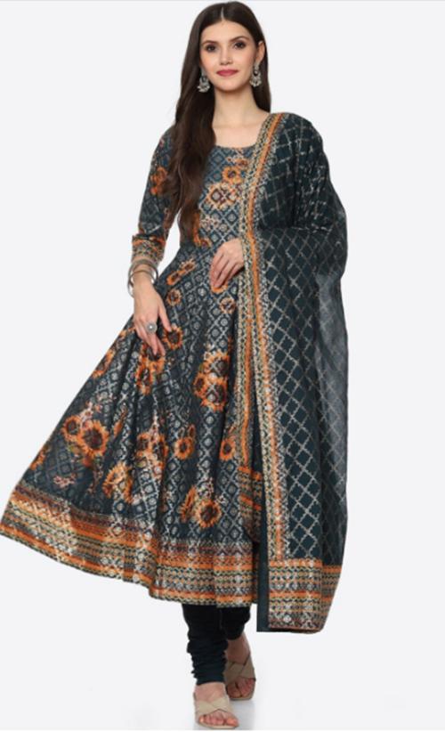 Sk2 Fashion Flower and Gold Printed Anarkali Kurta Churidar and Dupatta Set Rayon For Women