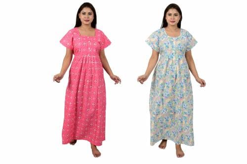 Svojas Cotton Nighty Combo Pack of 2-Pink-Blue-PDC025, 026 (Free Size)