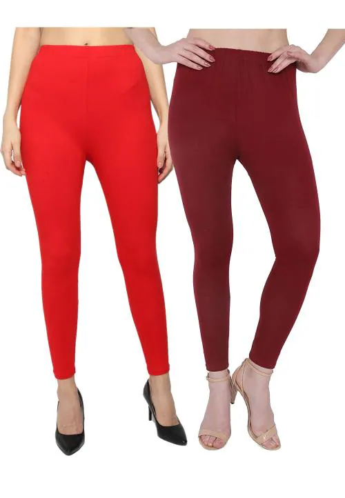 KEX Red Maroon Solid Cotton Ankle Length Legging Combo Legging Combo Girls Legging Combo Ankle Legging Combo