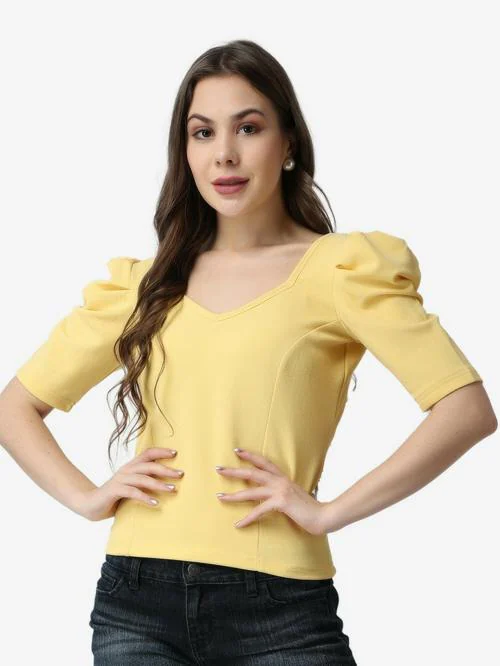 Popwings Casual Women's Lime Yellow V Neck Puff Sleeves Short Length Top | Tops for Women | Tops For Women Stylish | Tops Latest Design For Women | Women Tops | Women Casual Tops