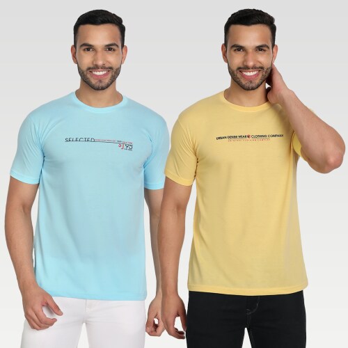 ZEFFIT Men Cotton Blend Solid Short Sleeve Regular Fit T-Shirt Combo Pack Of 2- Aqua & Lemon