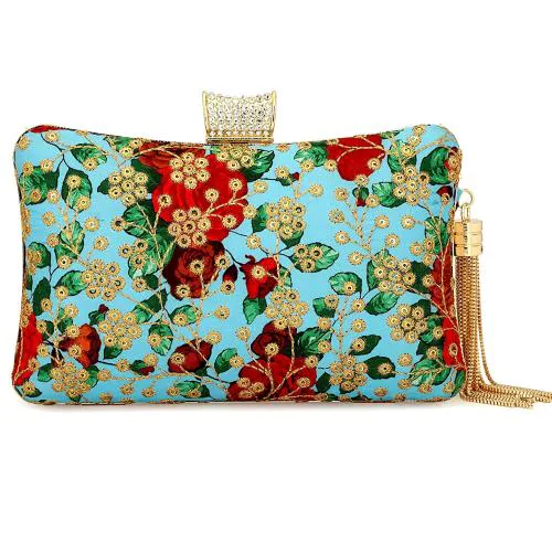 Tooba Handicraft Turquoise Women Designer Clutch Bag With Chain Strap