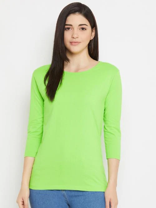 RodZen Solid Women Round Neck Plain Neon Green T-Shirt