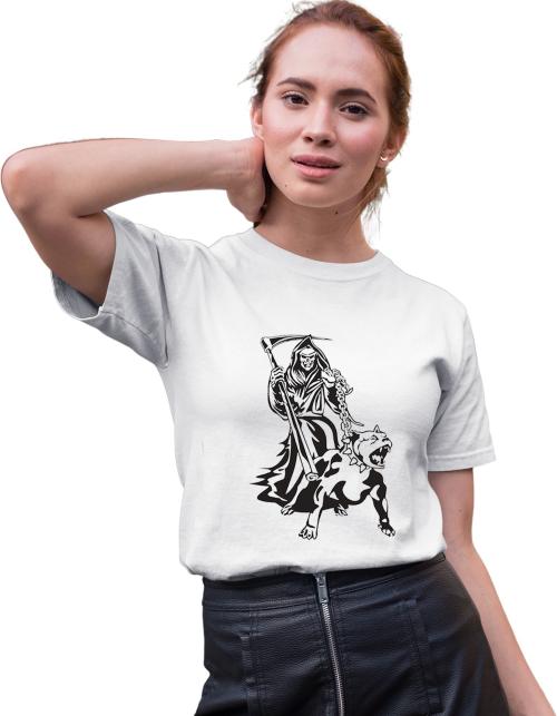 Omneto Women White Printed Pure Cotton Round Neck T-Shirt - M (Omneto_WM5DevilWhite_170822_M)