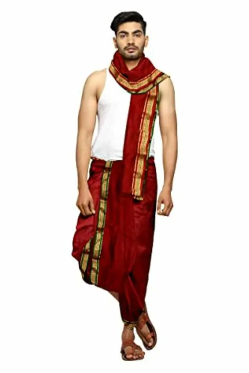 Rameshwaram Fabrics Men Red Silk Dhoti with Angwastram Set