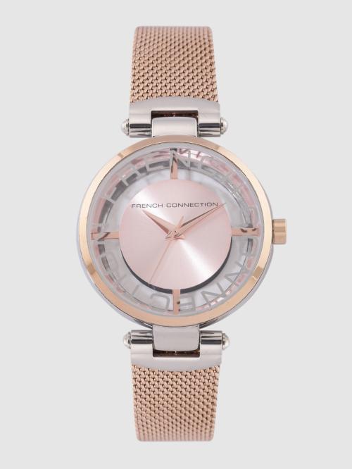 French Connection Analog Pink Dial Rose Gold Strap Watch For Women