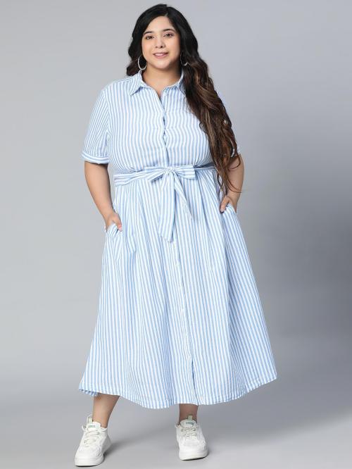Oxolloxo Women Blue Striped Polyester Shirt Dress