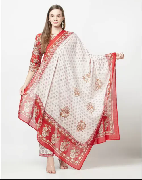 ATTIRIS Women's Cotton Block Print Straight Calf Length Kurta Set with Dupatta, V -Neck, 3/4th Sleeve