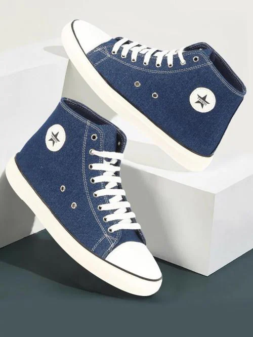 FAUSTO Men's Navy Blue Mid Top Star Toe Cap Upper Denim 8-Eye Lace Up Canvas Sneakers Shoes
