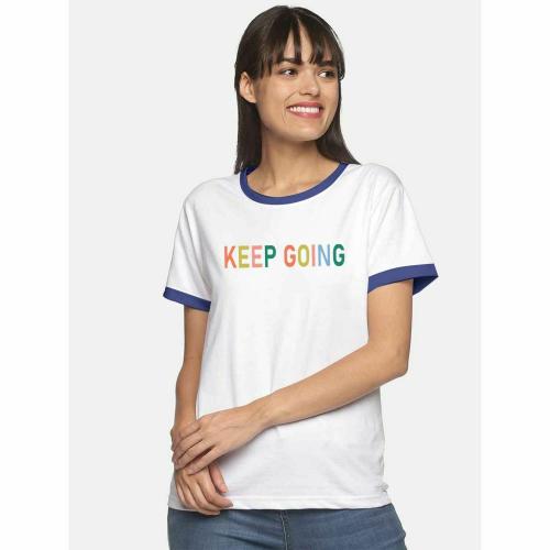 Rad Prix Women Casual Ringer Tees Keep Going- White Colour