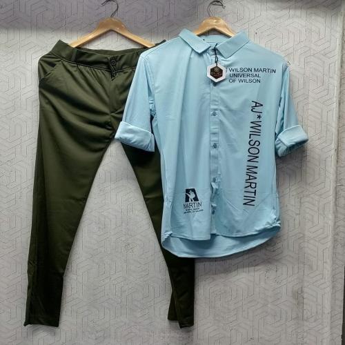 AJ Brothers Trendy Smart Casual Men's Outfits Pant & Shirt Pairing for Every Occasion (Light Blue & Mehendi) (Size-L)