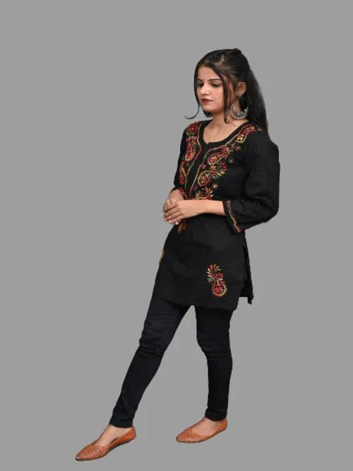 Sparkee Darkee Black Cotton Short Chikankari Kurti For Women