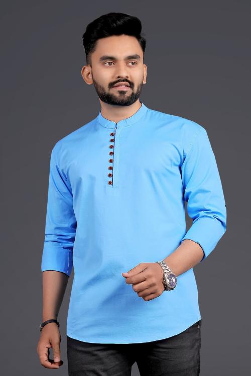 No Filter Men Solid Cotton Blend Straight Kurta Shirt Light Blue XXL