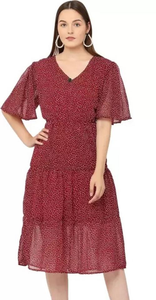 FKSR Women A-line Georgette Maroon Printed Calf Length Dress