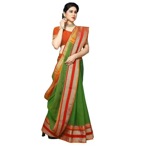 Sidhidata Women's Temple Border Kota Doria Cotton Manipuri Saree With Unstiched Blouse Piece Green