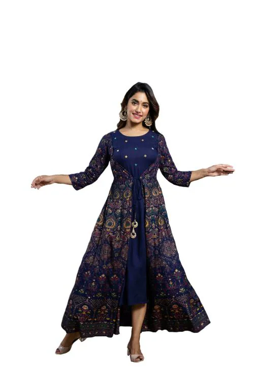 ftDiva Women Blue Paisley Rayon Embroidered Anarkali Gown