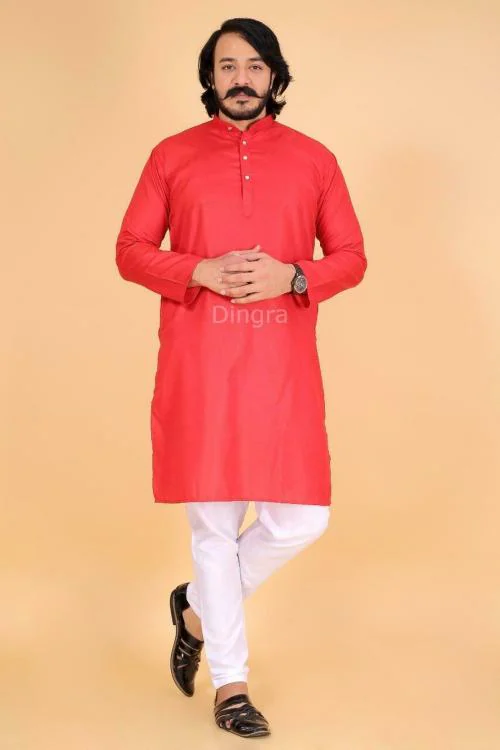 Dingra Men Red Solid Cotton Blend 1 Straight Kurta