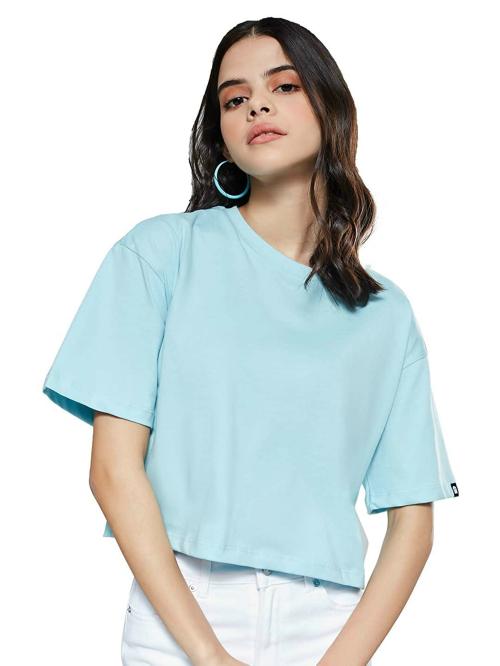 The Souled Store Women Sky Blue Solid Cotton T-Shirts