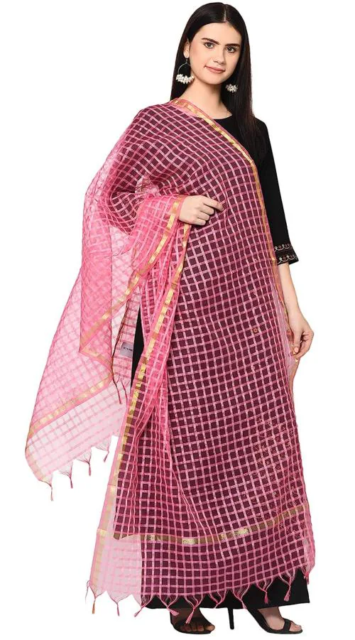 Khadija's Women's Checkered Poly Silk Pink Dupatta