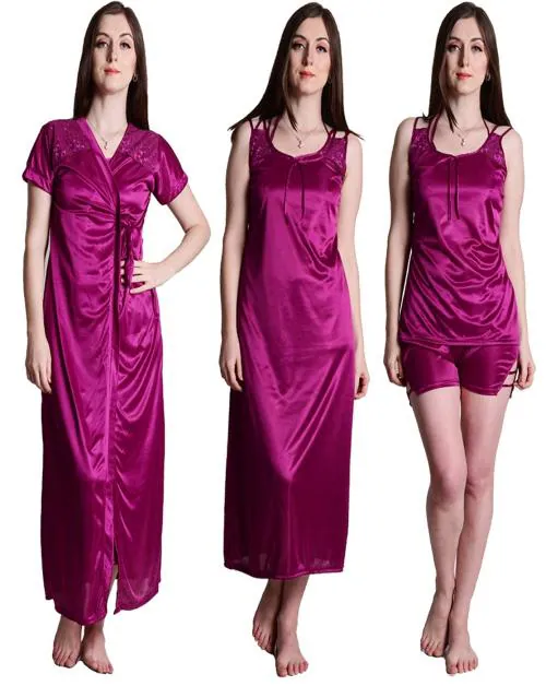 Women's Wine Satin Nightwear Nightdress Nighty 6pc Set of Nighty, Wrap Gown, Top, Shorts, Bra & Thong Nighty Set
