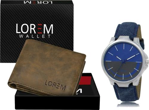 Lorem Artificial Leather Wallet & Analog Blue Watch for Men (FZ-WL25-LR24 )