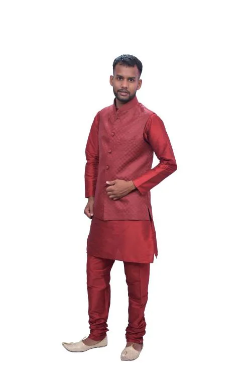 HFP Men's Red Matching Kurta Churidhar with Designer Maroon Waistcoat