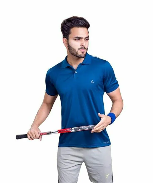 GAMEPOINT Men Solid Polo Neck Polyester Blue T-Shirt