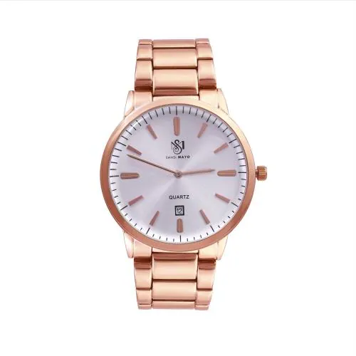SANSI MAYO Beautiful Designer IP Plated Rose Gold Alloy Round Case Stainless Steel Band Analog Wrist Watch for Men