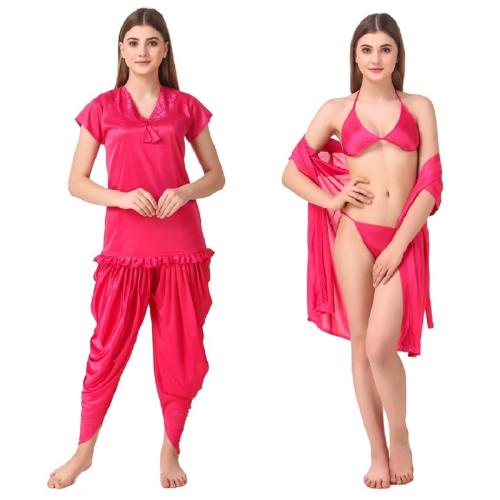 REPOSEY Women's Satin Solid Regular Length Robe with Bra and Panty, Pajama with Top (5PC PNK_Pink_Free Size) (Pack of 5)