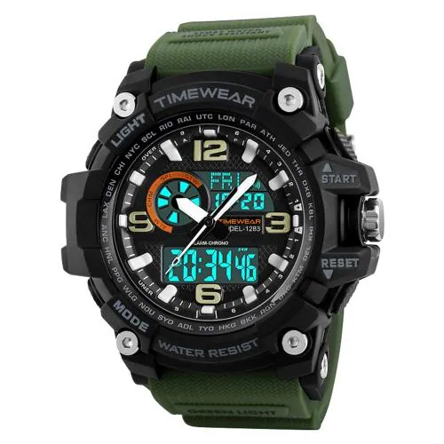 TIMEWEAR 1283 Black Dial Green Silicone Strap Sports Analog Digital Watch for Men