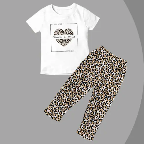 DE TEES Girls Cotton Printed Top and Bottom Set 160GSM_White_5-6 Y