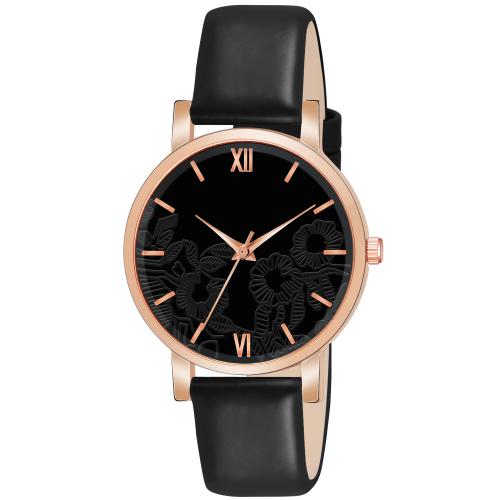 KIARVI GALLERY Black Flowered Dial Leather Strap Analog Watch for girls and women