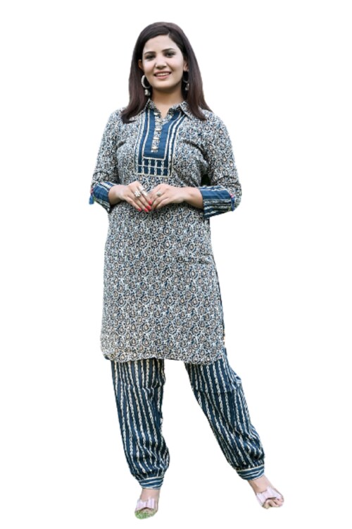 Nikhar Fashions Beautiful Blue Straight Apple cut Kurti for Women Riyon Silk kurti with Pant