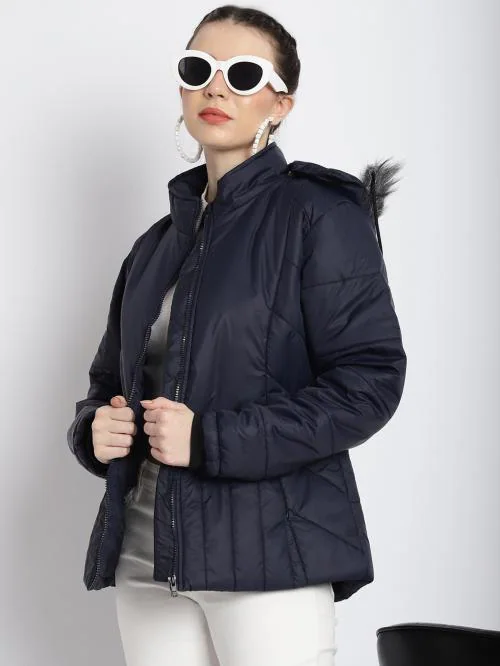 ONNIT Women's Navy winter wear full sleeve solid parka Jacket. Quilted with high quailty polyfill fiber and has a detachable faux fur hood. Has 3 pocket 1 inside and 2 outside.