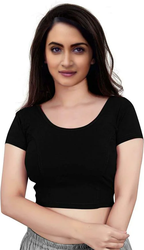 PU Fashion Women Black Solid Cotton Lycra Blend Blouse
