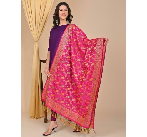 Banarasi Silks Made in Banaras Women's Fancy Woven Meenakari Dupatta (Pink)