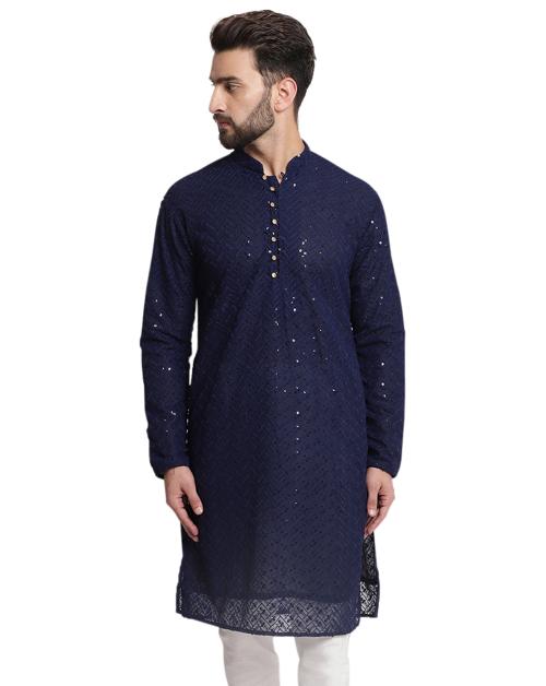 TREEMODA Blue Chikankari Leaf Embroidery Georgette Kurta For Men