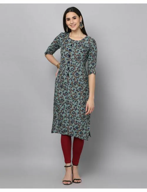English Lady Women highlighted foil print full front show placket and sleeve placket with loops Kurti | Green Colour | S Size | Slim Fit Kurtas | Knee Length | Straight Kurta | Rayon Fabric | Foil Print Kurtas