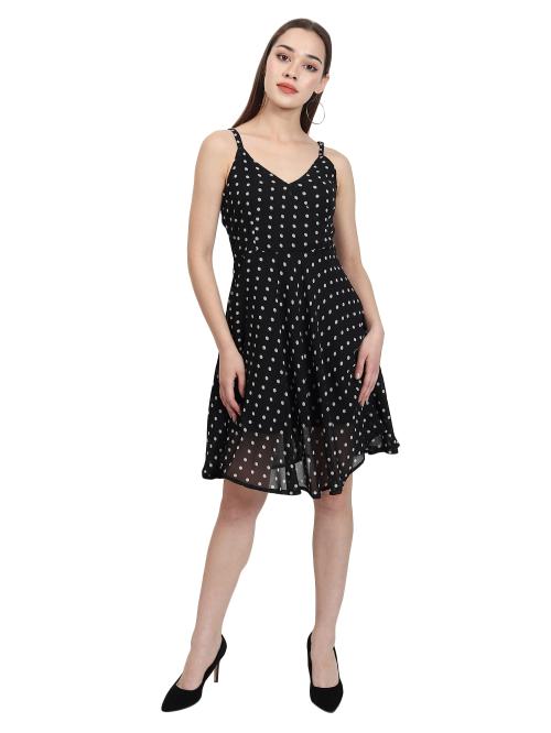 Fashion Senoraa Women Black Georgeot stripe shoulder Polka Dott Print A-Line Dress
