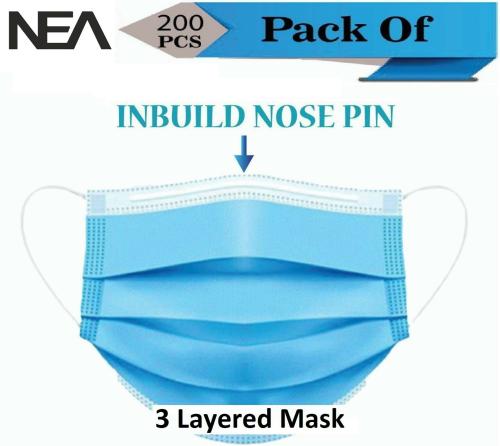 Nea Blue 3 Layer Water Resistant Certified Pharmaceutical Surgical Face Mask With Melt Blown Fabric Layer - Pack of 200, 3 Ply