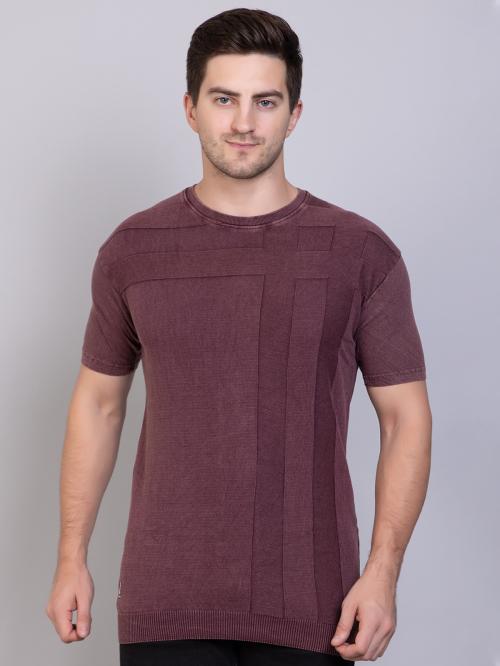 John Brooks Branded Flat Knit Round Neck Denim Tshirts For Men - Wine