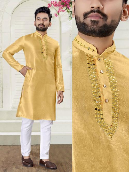Well Tex Men Yellow Embroidered Cotton Silk Kurta And Pyjama Set (3Xl)